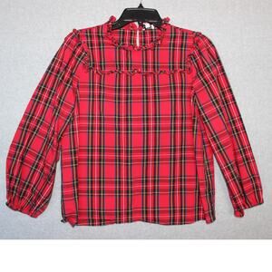 J. Crew Red Plaid Tartan Cotton Poplin Long Sleeve Top With‎ Ruffles Women's XS